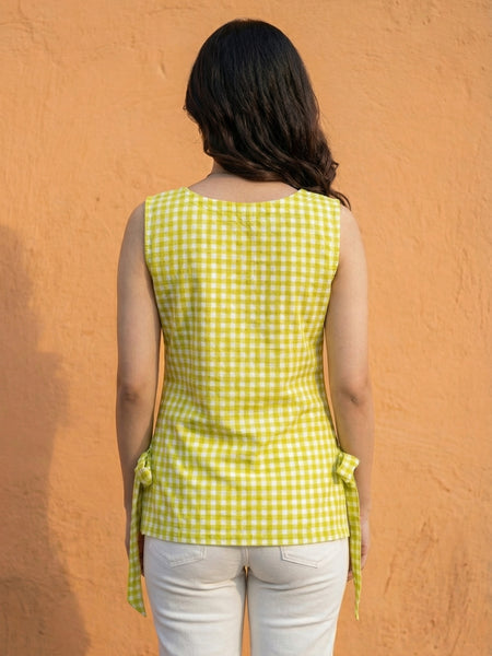 Women Lime Green Checked Cotton Kurti with Side Tie-Up Belts