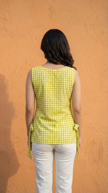Women Lime Green Checked Cotton Kurti with Side Tie-Up Belts