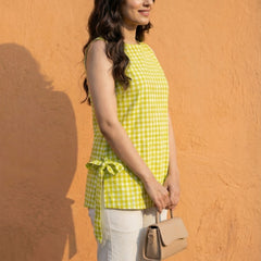 Women Lime Green Checked Cotton Kurti with Side Tie-Up Belts