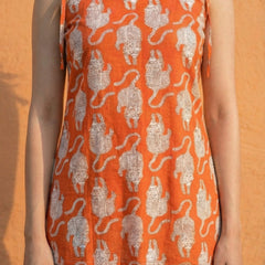 Women Orange Tiger Printed Cotton Kurti with Shoulder Tie-Up