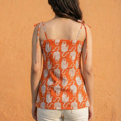 Women Orange Tiger Printed Cotton Kurti with Shoulder Tie-Up