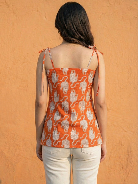 Women Orange Tiger Printed Cotton Kurti with Shoulder Tie-Up