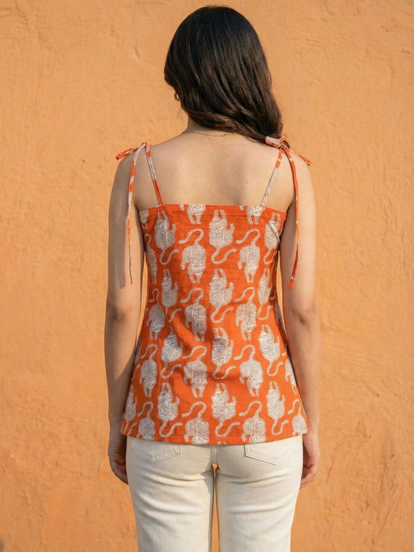 Women Orange Tiger Printed Cotton Kurti with Shoulder Tie-Up