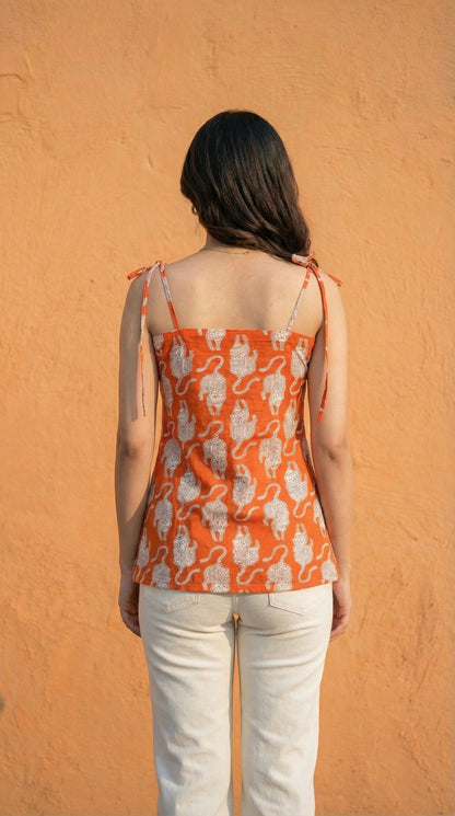 Women Orange Tiger Printed Cotton Kurti with Shoulder Tie-Up