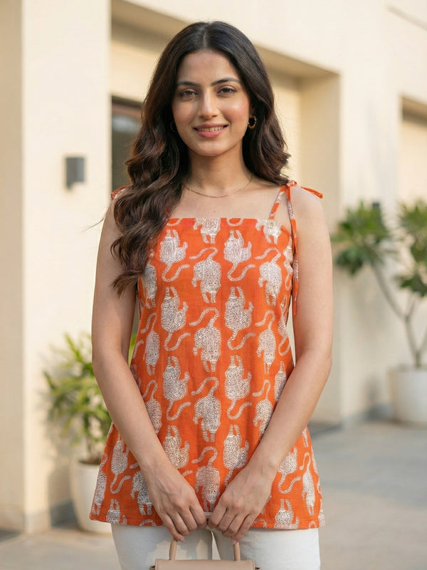 Women Orange Tiger Printed Cotton Kurti with Shoulder Tie-Up