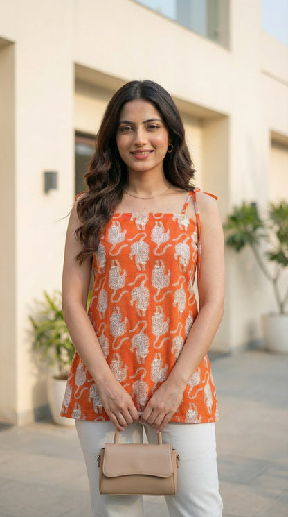 Women Orange Tiger Printed Cotton Kurti with Shoulder Tie-Up