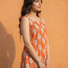 Women Orange Tiger Printed Cotton Kurti with Shoulder Tie-Up