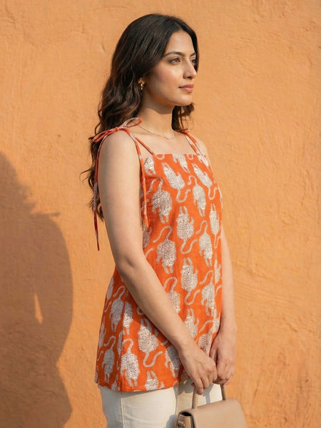 Women Orange Tiger Printed Cotton Kurti with Shoulder Tie-Up
