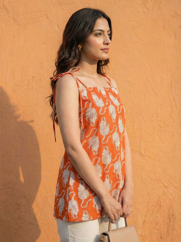 Women Orange Tiger Printed Cotton Kurti with Shoulder Tie-Up