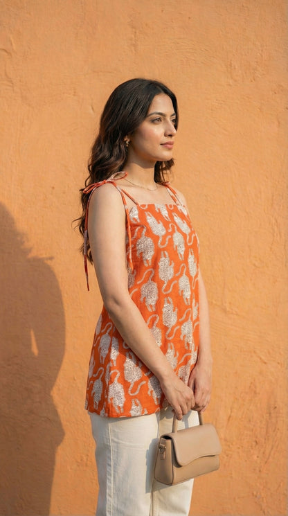 Women Orange Tiger Printed Cotton Kurti with Shoulder Tie-Up