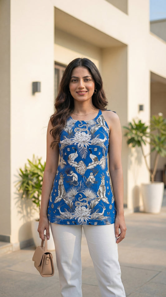 Women Blue Forest Printed Cotton Round Halter Neck Kurti