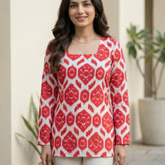 Women Red Ikkat Printed Cotton Full Sleeve Kurti with Lace-Up Back