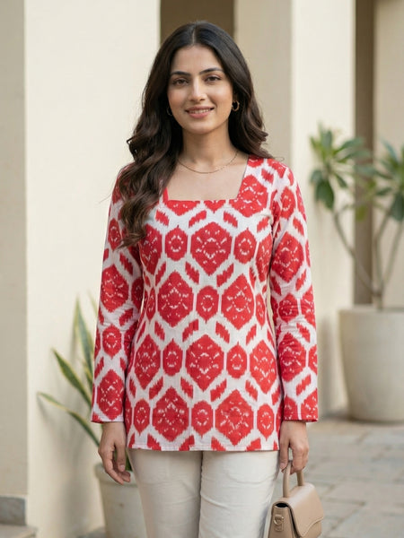 Women Red Ikkat Printed Cotton Full Sleeve Kurti with Lace-Up Back