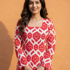 Women Red Ikkat Printed Cotton Full Sleeve Kurti with Lace-Up Back