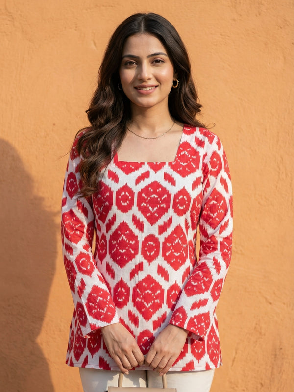Women Red Ikkat Printed Cotton Full Sleeve Kurti with Lace-Up Back