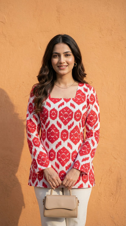 Women Red Ikkat Printed Cotton Full Sleeve Kurti with Lace-Up Back
