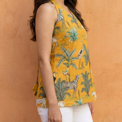 Women Mustard Forest Printed Cotton Halter Neck Short Kurti