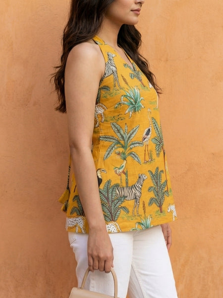 Women Mustard Forest Printed Cotton Halter Neck Short Kurti