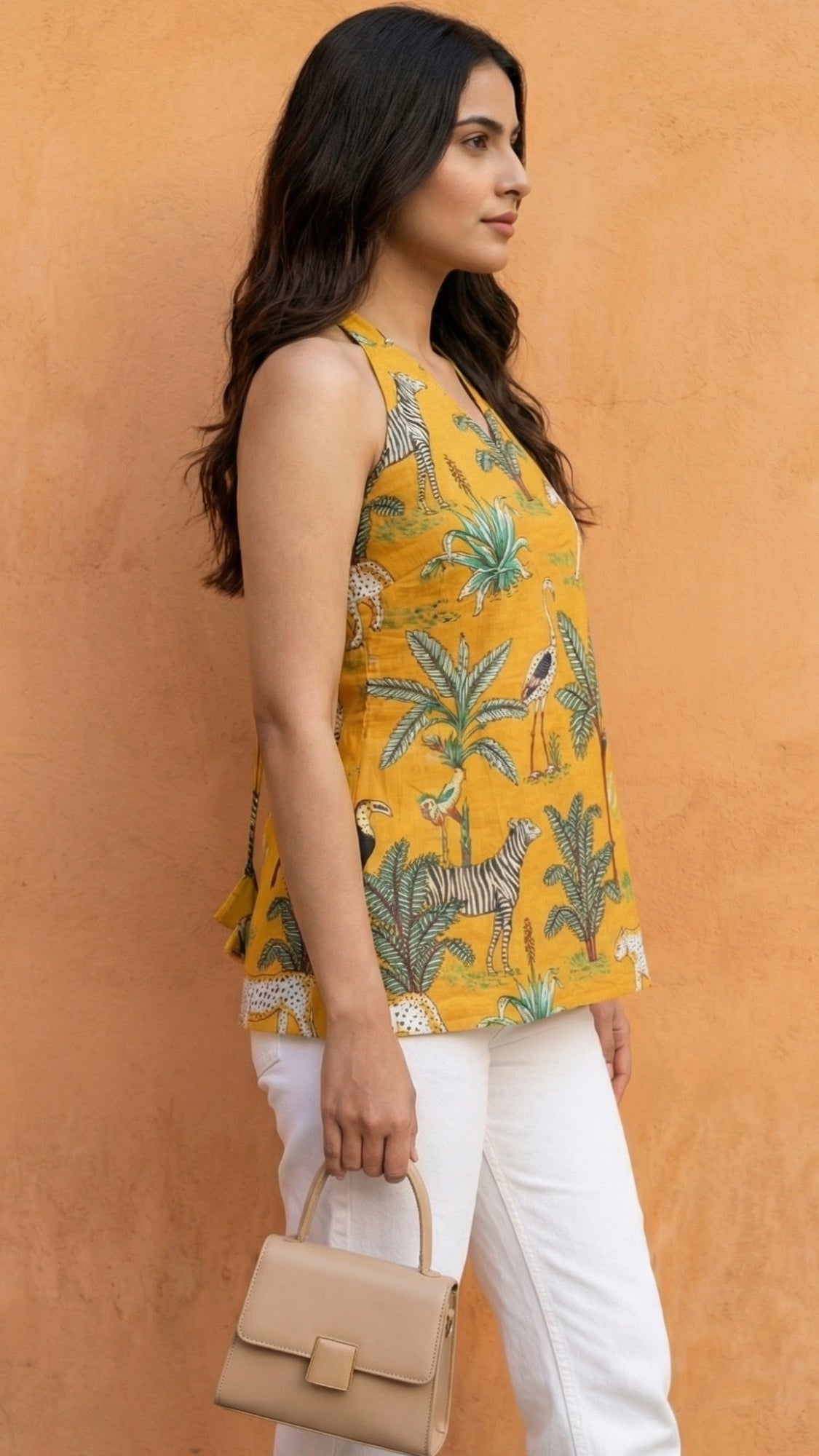 Women Mustard Forest Printed Cotton Halter Neck Short Kurti
