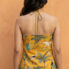 Women Mustard Forest Printed Cotton Halter Neck Short Kurti