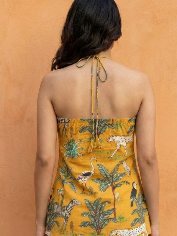 Women Mustard Forest Printed Cotton Halter Neck Short Kurti