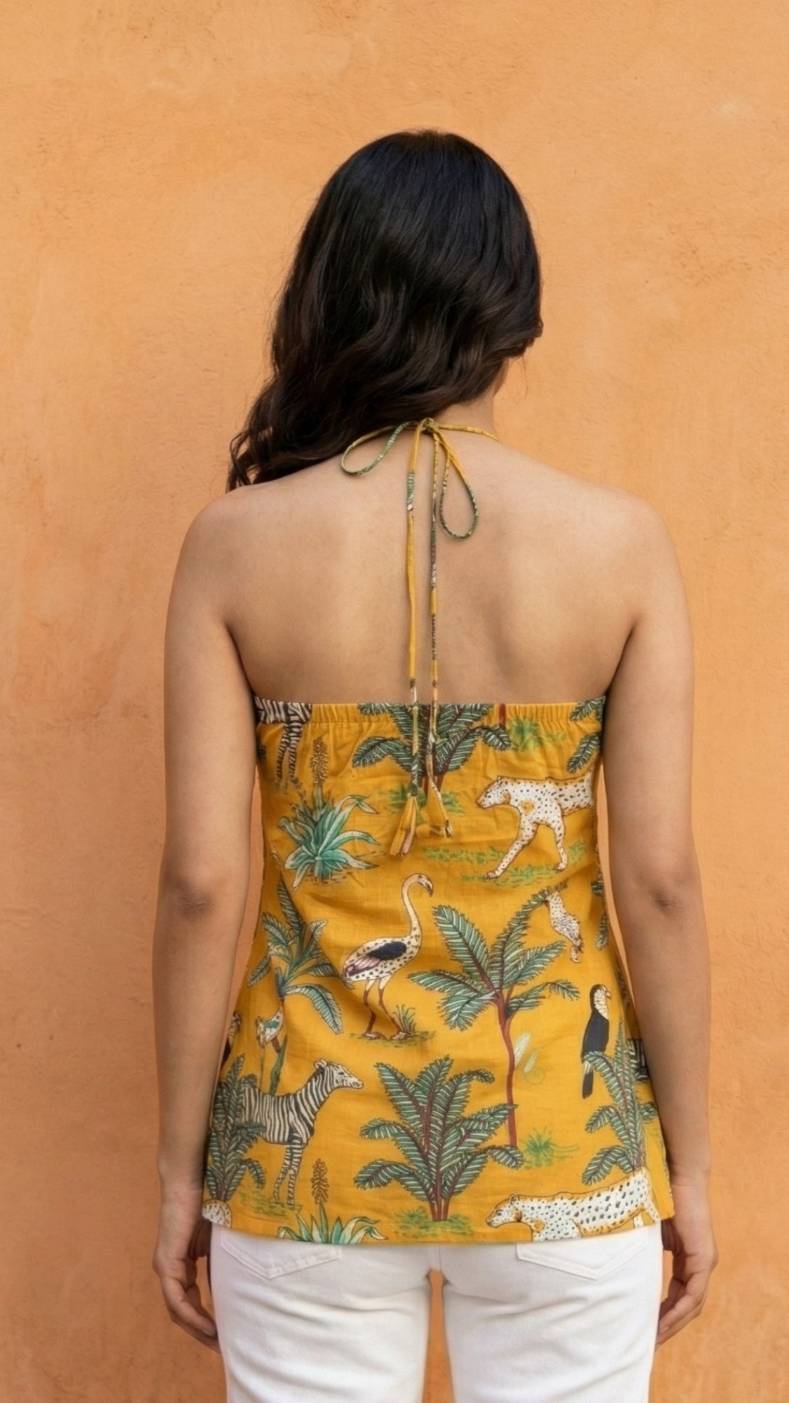 Women Mustard Forest Printed Cotton Halter Neck Short Kurti