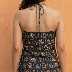 Women Black Floral Printed Cotton Halter Neck Short Kurti