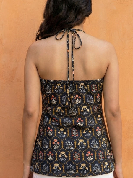 Women Black Floral Printed Cotton Halter Neck Short Kurti