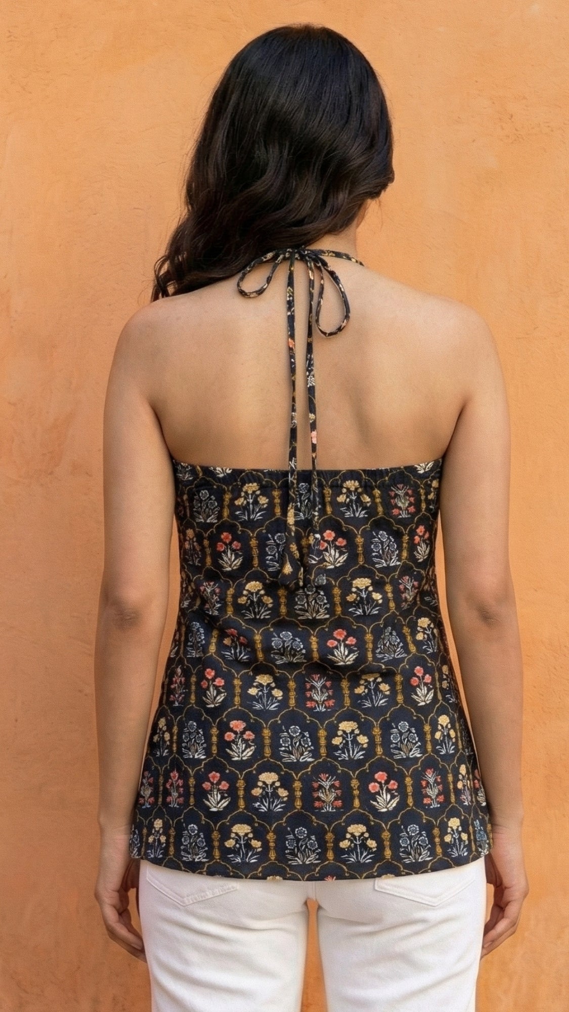 Women Black Floral Printed Cotton Halter Neck Short Kurti