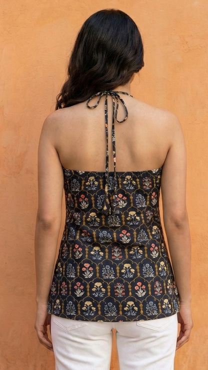 Women Black Floral Printed Cotton Halter Neck Short Kurti