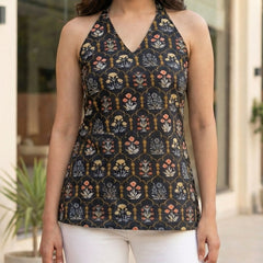 Women Black Floral Printed Cotton Halter Neck Short Kurti