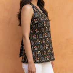 Women Black Floral Printed Cotton Halter Neck Short Kurti