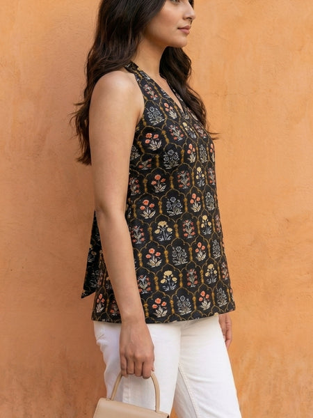 Women Black Floral Printed Cotton Halter Neck Short Kurti