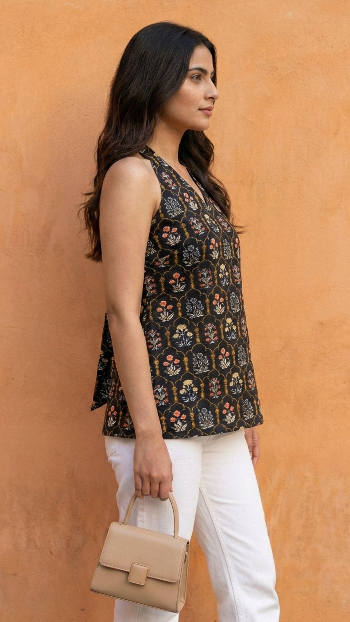 Women Black Floral Printed Cotton Halter Neck Short Kurti