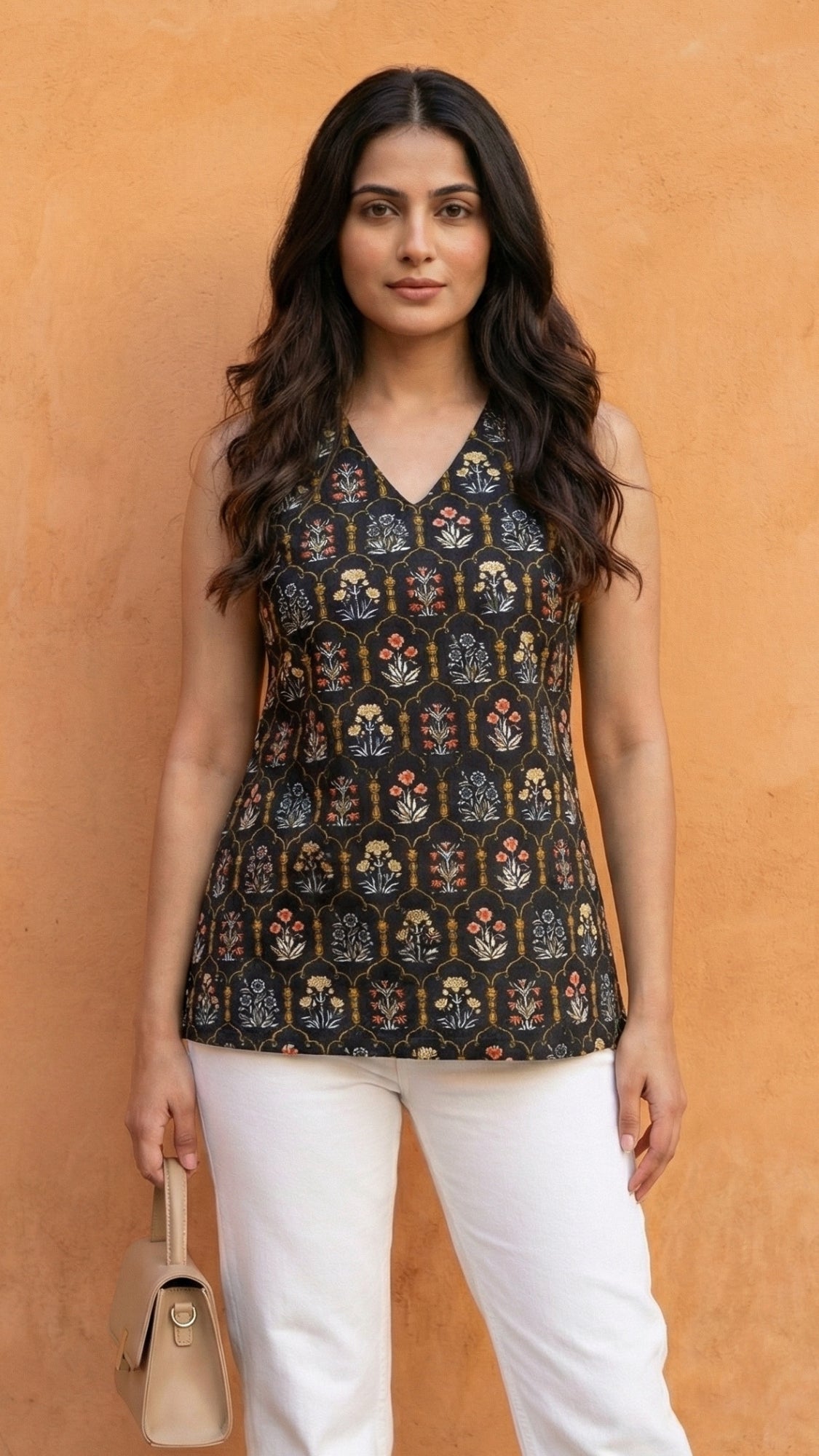 Women Black Floral Printed Cotton Halter Neck Short Kurti