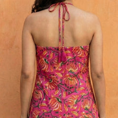 Women Pink Floral Printed Cotton Halter Neck Short Kurti