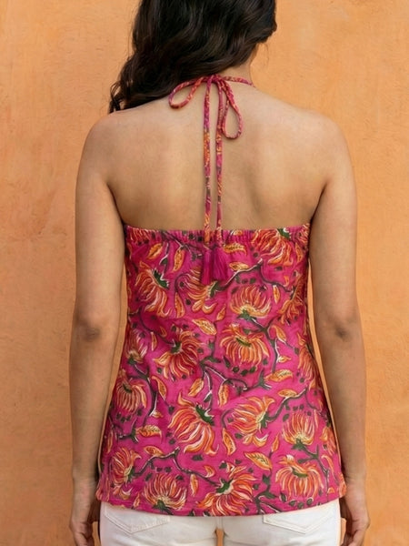 Women Pink Floral Printed Cotton Halter Neck Short Kurti