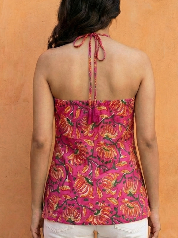Women Pink Floral Printed Cotton Halter Neck Short Kurti