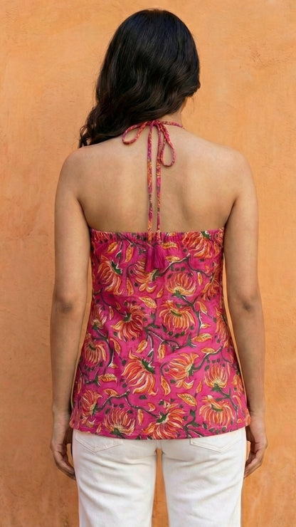 Women Pink Floral Printed Cotton Halter Neck Short Kurti