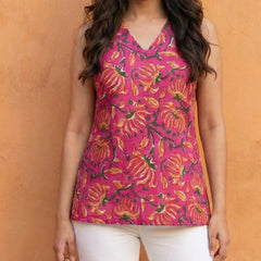 Women Pink Floral Printed Cotton Halter Neck Short Kurti