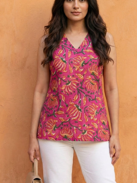 Women Pink Floral Printed Cotton Halter Neck Short Kurti