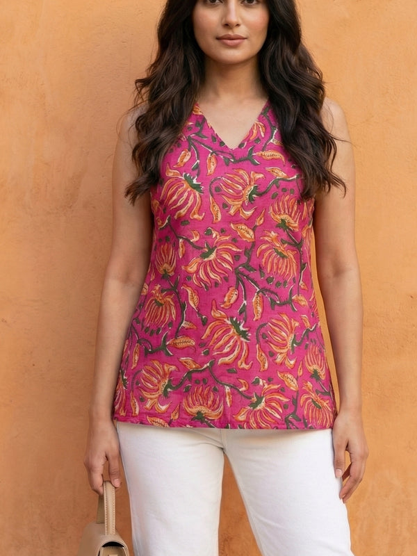 Women Pink Floral Printed Cotton Halter Neck Short Kurti