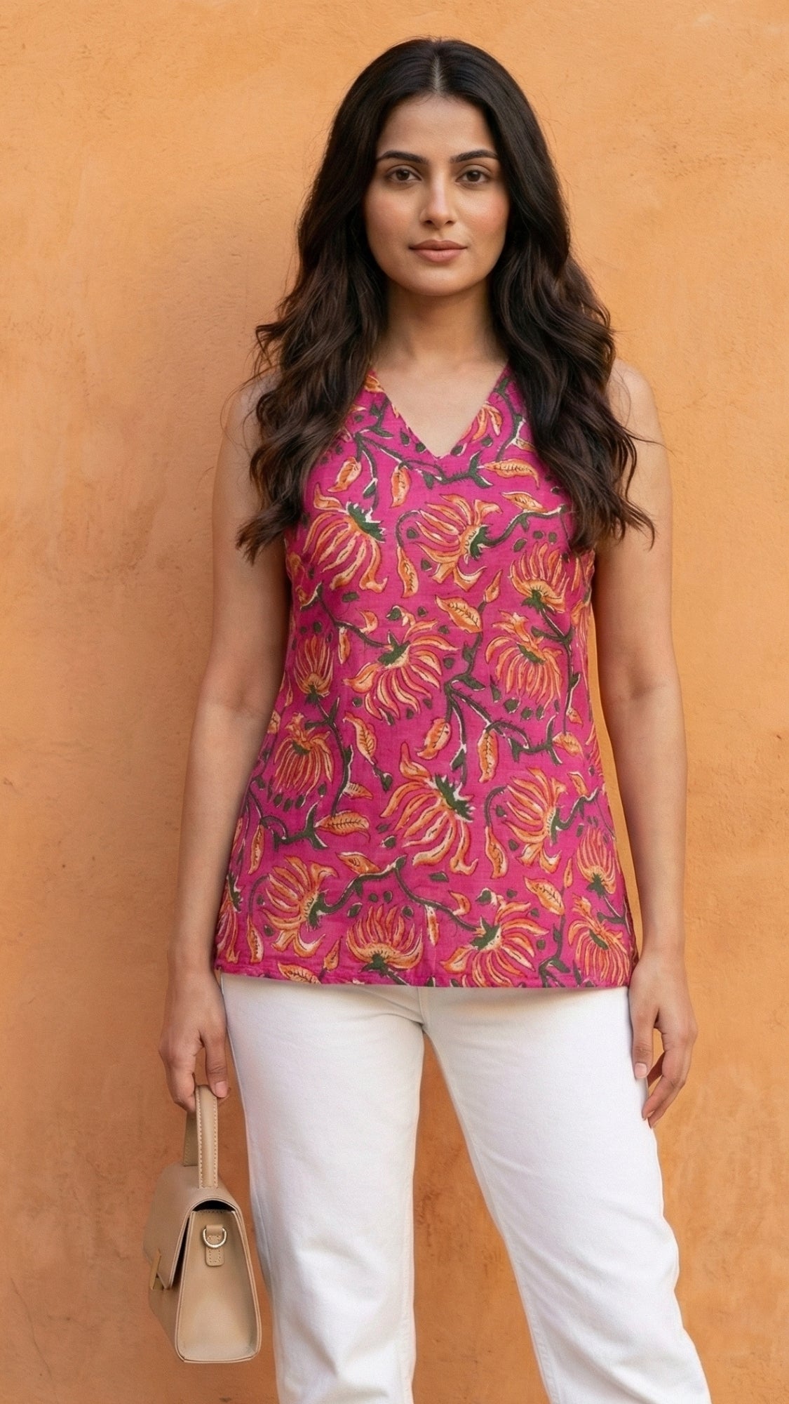 Women Pink Floral Printed Cotton Halter Neck Short Kurti