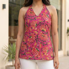 Women Pink Floral Printed Cotton Halter Neck Short Kurti