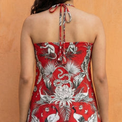 Women Red Forest Printed Cotton Halter Neck Kurti