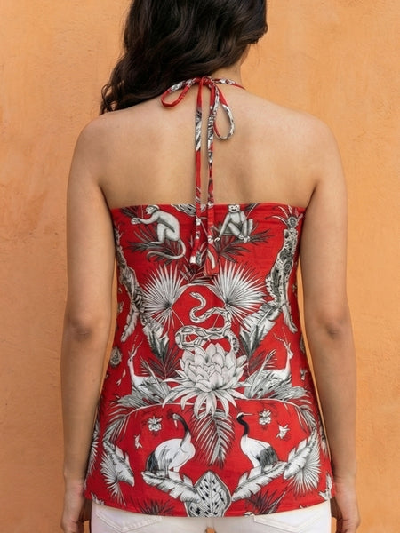 Women Red Forest Printed Cotton Halter Neck Kurti