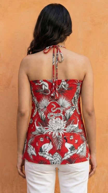 Women Red Forest Printed Cotton Halter Neck Kurti