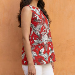 Women Red Forest Printed Cotton Halter Neck Kurti