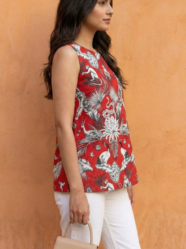 Women Red Forest Printed Cotton Halter Neck Kurti