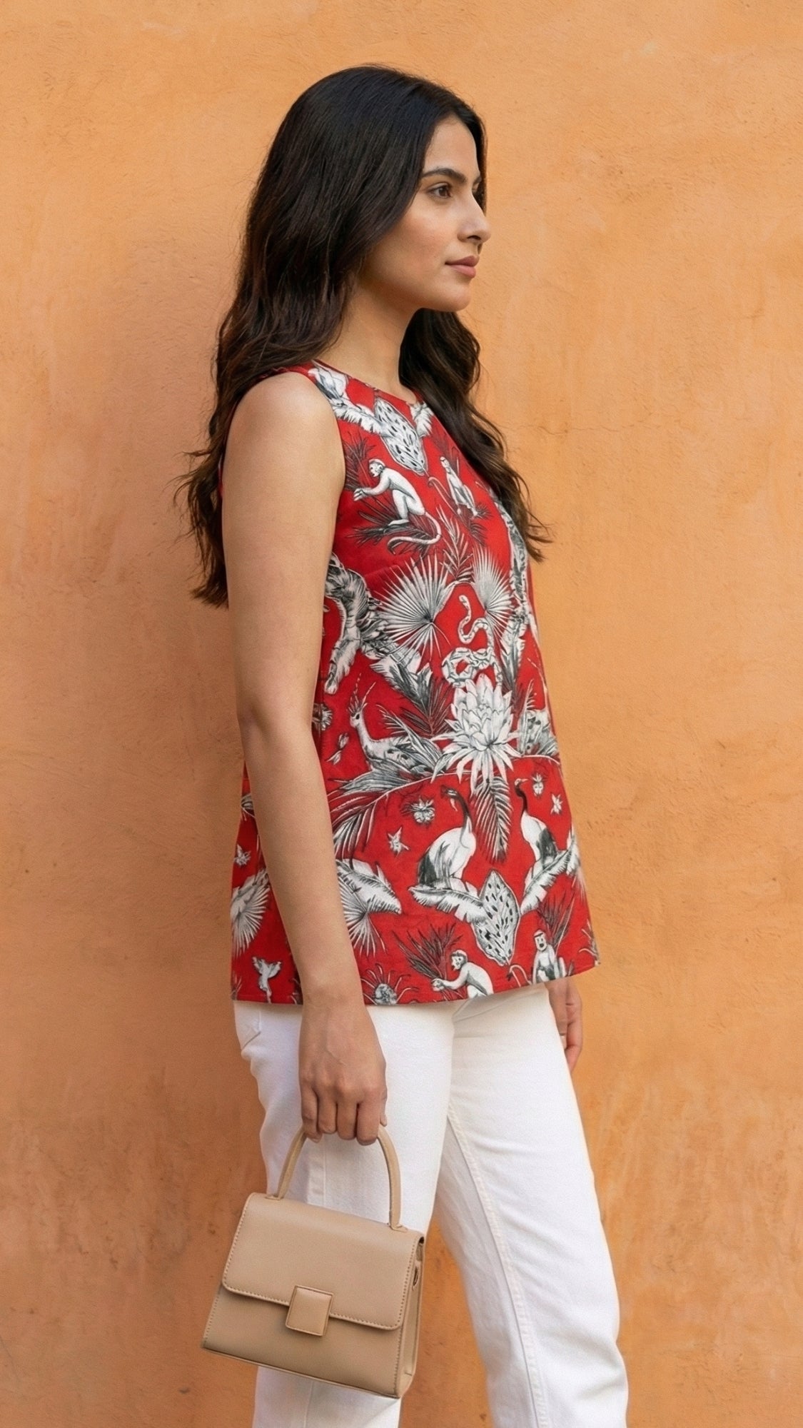 Women Red Forest Printed Cotton Halter Neck Kurti